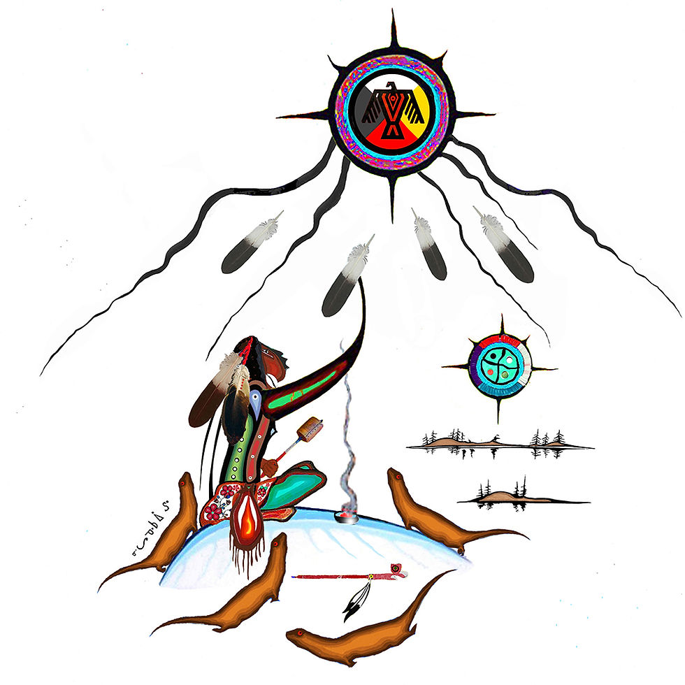 A Talk with the Four Directions (detail) painting by Zhaawano Giizhik