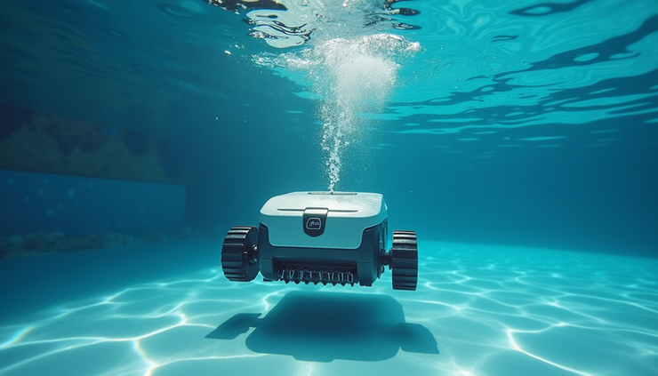 Eye-level view of Aiper Scuba X1 Pro Max robotic pool cleaner operating underwater in a residential pool