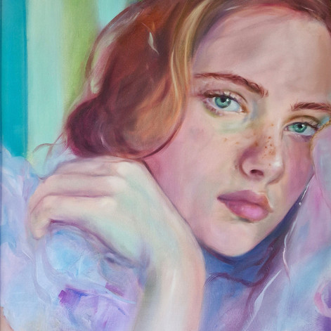 Peinture "Iconique", portrait figuratif de femme aux yeux bleus et cheveux cuivrés, jeux de texture et expression du regard