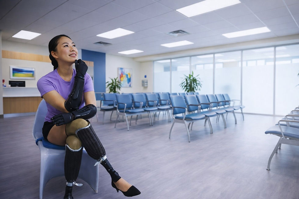 Woman with prosthetic limbs waits for prosthetic and orthotic care.