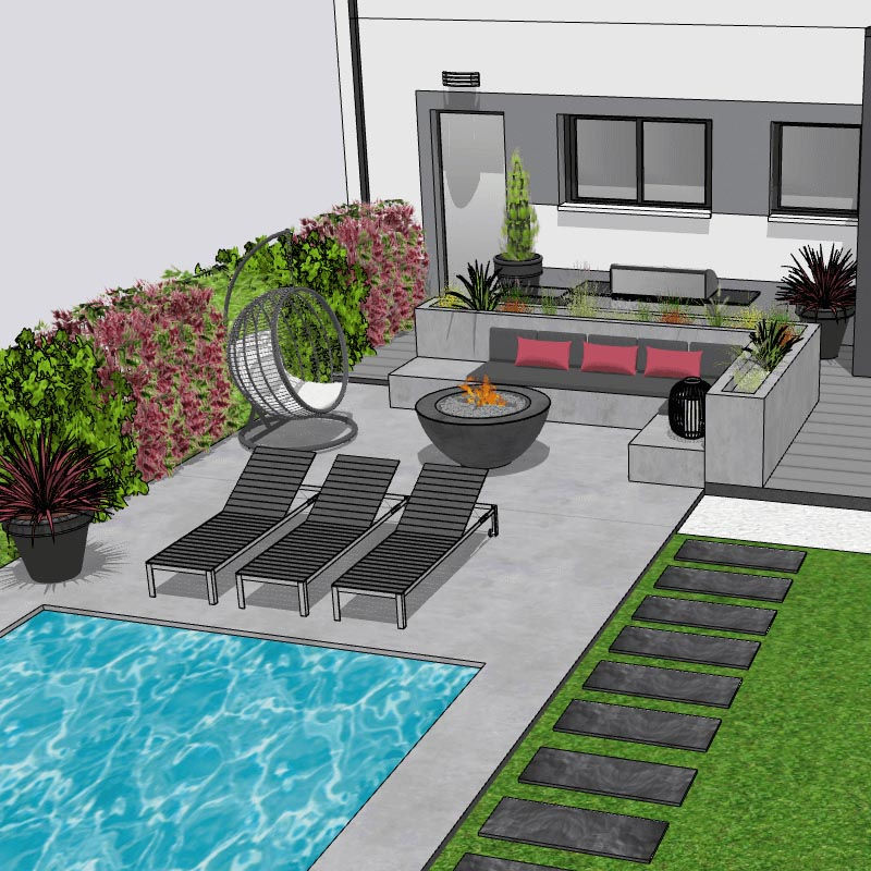 Plan aménagement jardin: piscine, chaises longues, coin feu, cuisine extérieure