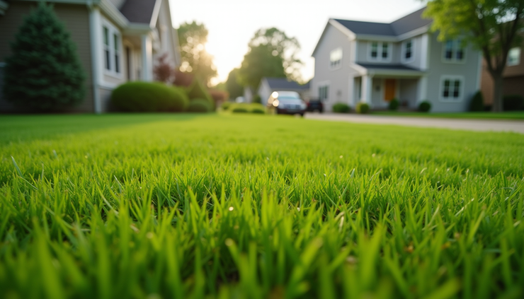 Eye-level view of a lush green lawn with freshly mowed grass in a suburban Illinois neighborhood