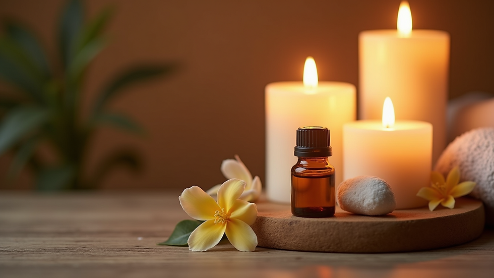 Close-up view of a serene spa setting with candles and essential oils