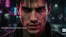 A close-up of a serious young man standing in the rain at night, neon city lights reflecting oA close-up of a serious young man standing in the rain at night, neon city lights reflecting on his wet face.n his wet face.
