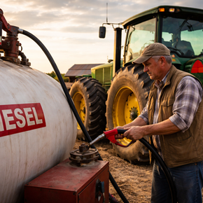 Farmer refueling tractor with diesel in field, illustrating rising fuel costs and input pressures in modern agriculture