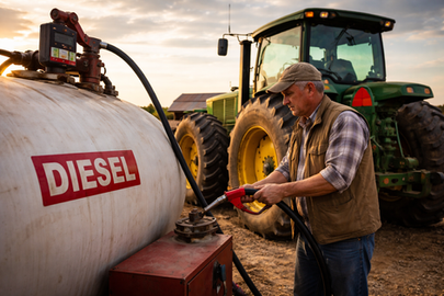 Farmer refueling tractor with diesel in field, illustrating rising fuel costs and input pressures in modern agriculture