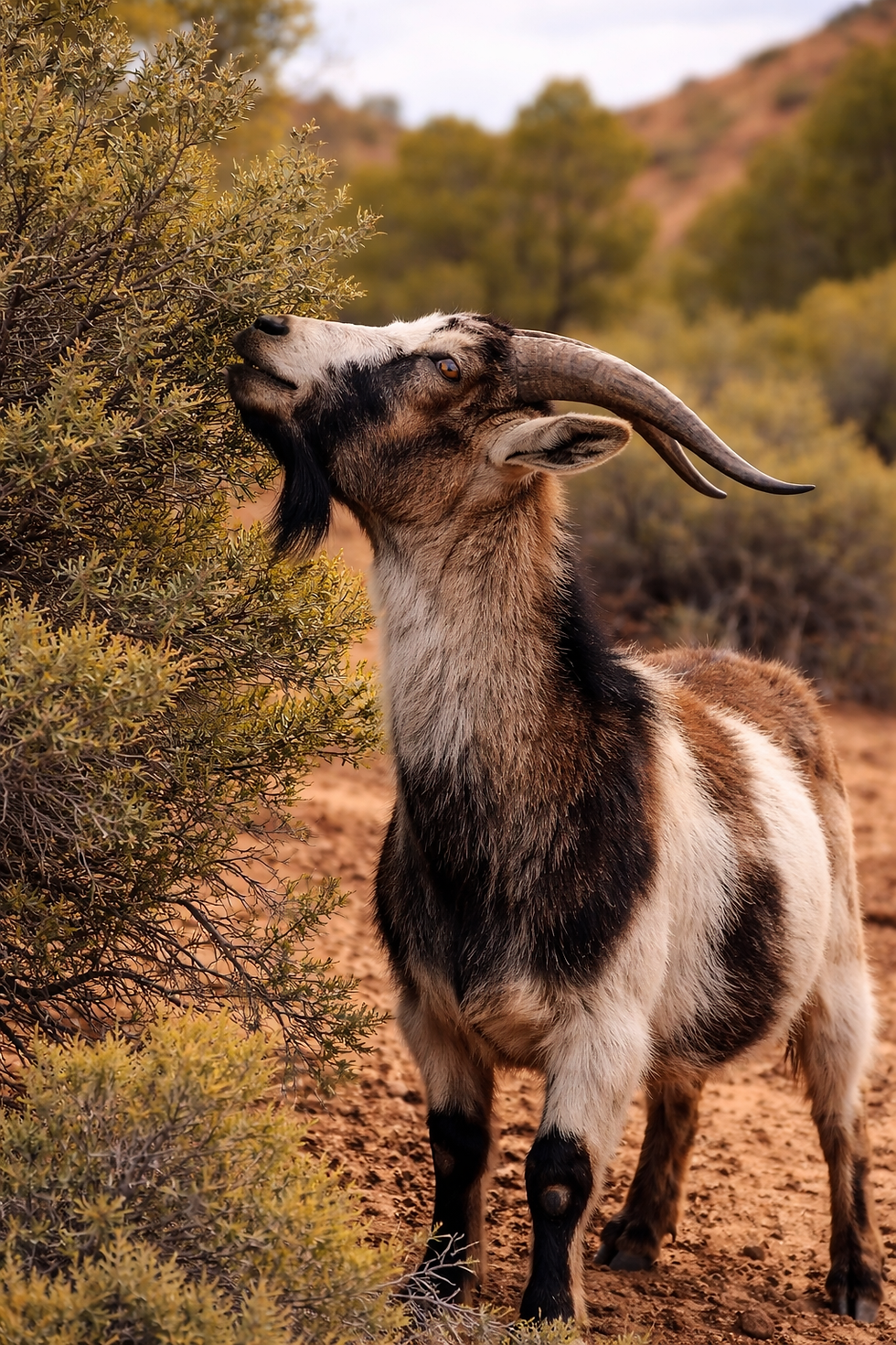 Aerial view of black sheep in a circular formation around hay, on a snowy field. Snow and earthy tones create contrast.