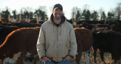 Reid Suelflow standing in a South Dakota winter grazing field with his cow-calf herd grazing forage corn behind him.