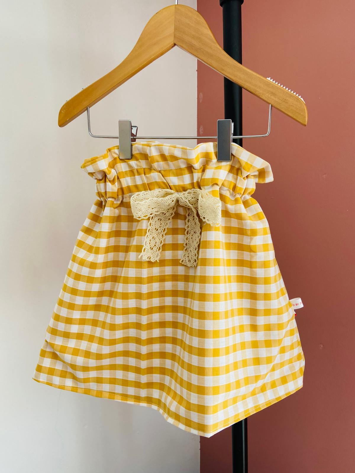 Jupe fillette vichy jaune et nœud en dentelle 