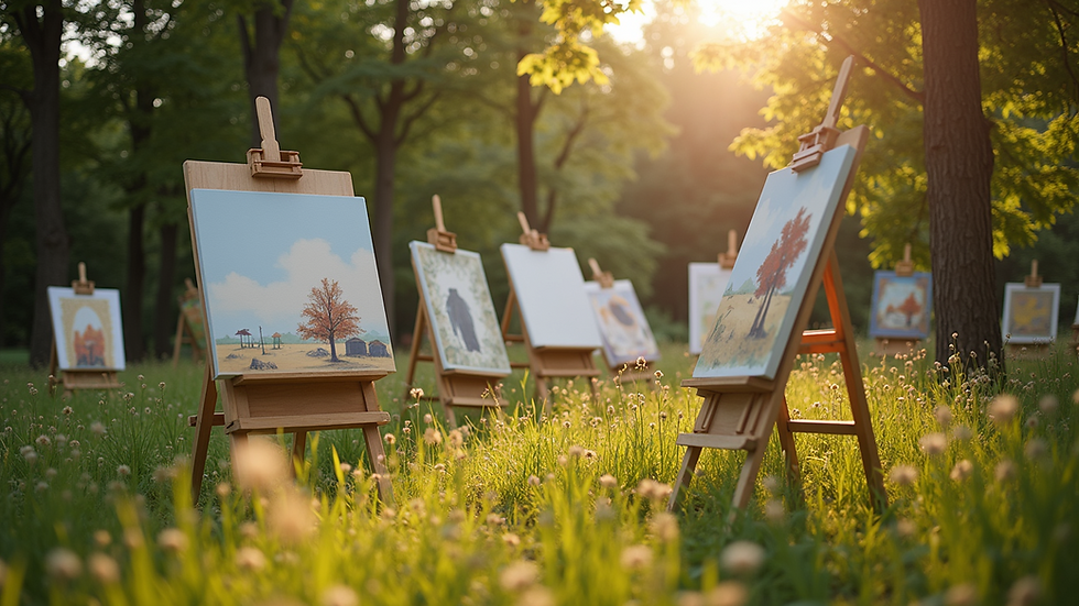 High angle view of a creative camp outdoor art session with easels and canvases