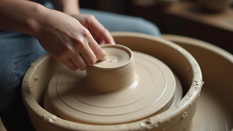 High angle view of a pottery wheel with clay being shaped