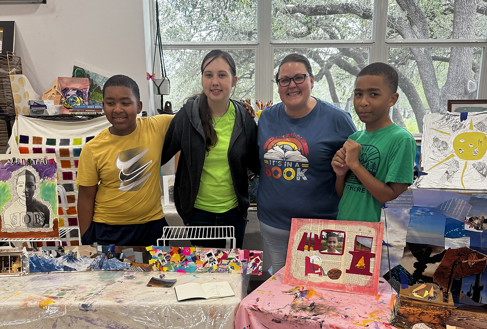 Homeschool students with Rebecca of HoppArt display their artwork.