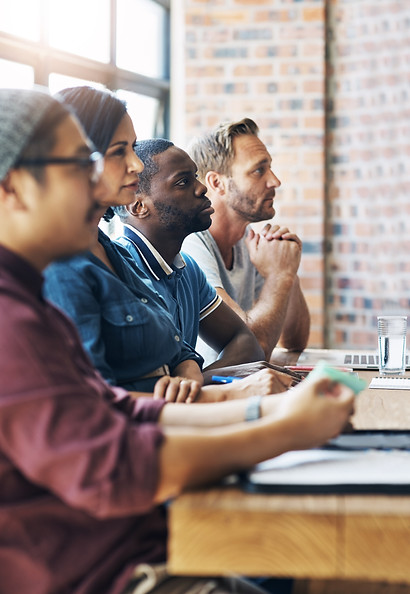 People, listening and group in office for presentation, training and development for caree