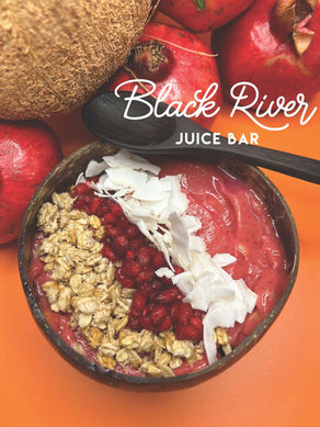 Smoothie bowl with granola, raspberries, coconut flakes, Black River JUICE BAR.