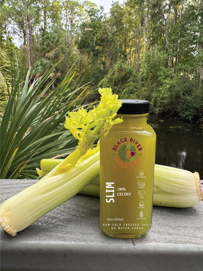 BLACK RIVER SLIM 100% ORGANIC juice bottle and fresh celery outdoors.