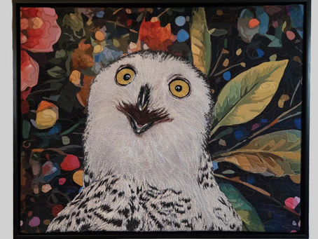 “Thread-painted fiber art owl with vibrant abstract background by Deb Deaton”