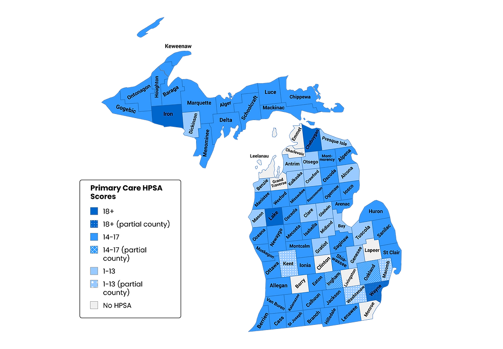 Map of Primary Care Area Health Professional Shortage Areas (HPSAs) and HPSA Scores in Michigan2
