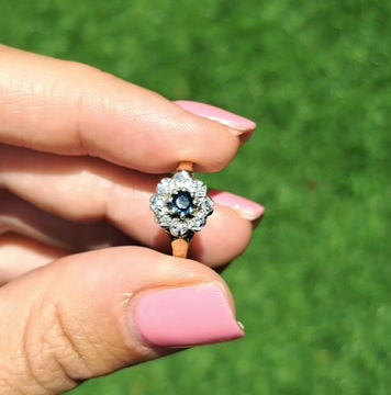 Thumbnail: Vintage 9ct Gold, Sapphire & Diamond Flower Ring 1990