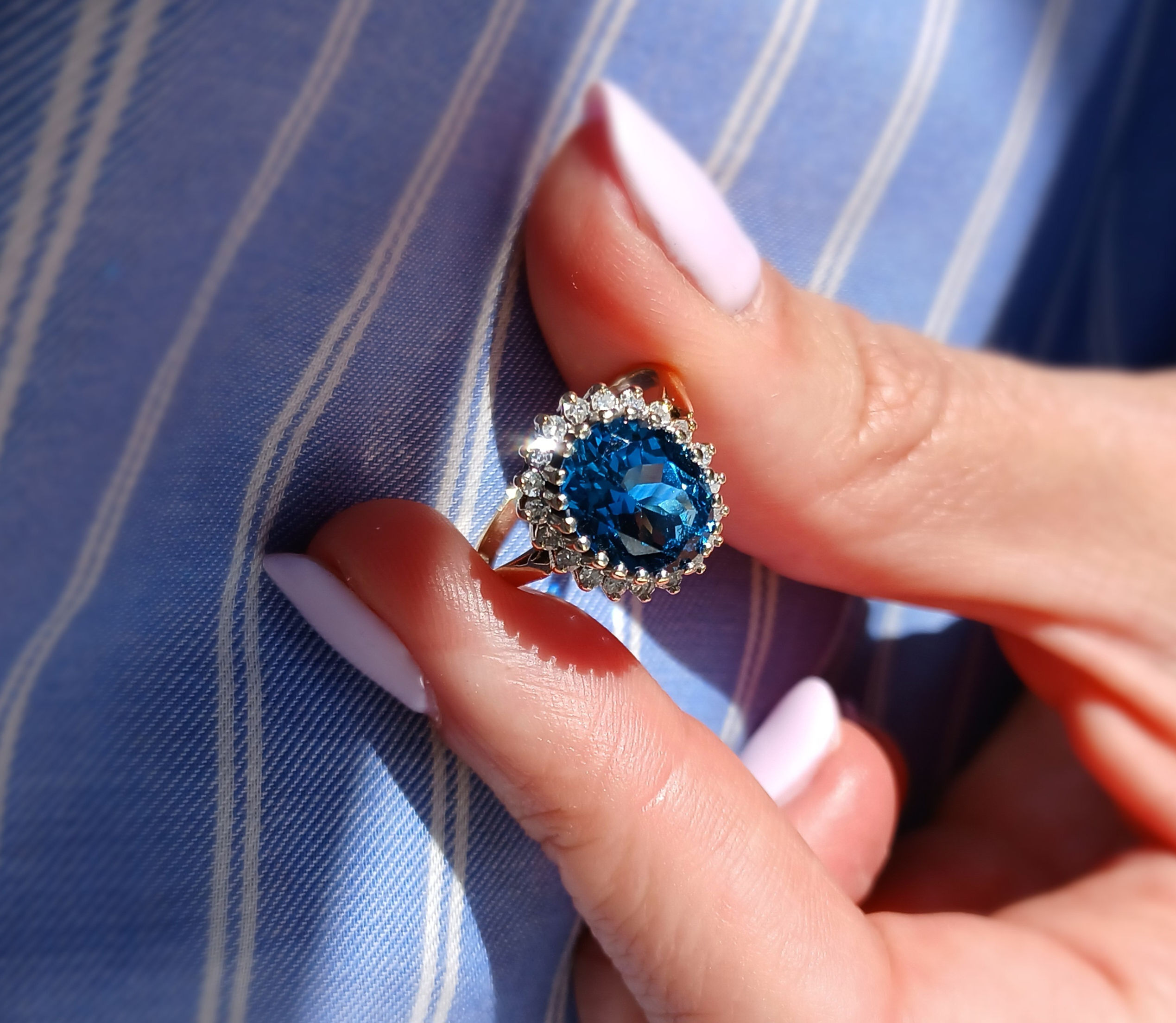 Vintage 9ct Gold Blue Topaz & Diamond Cluster Ring 1989