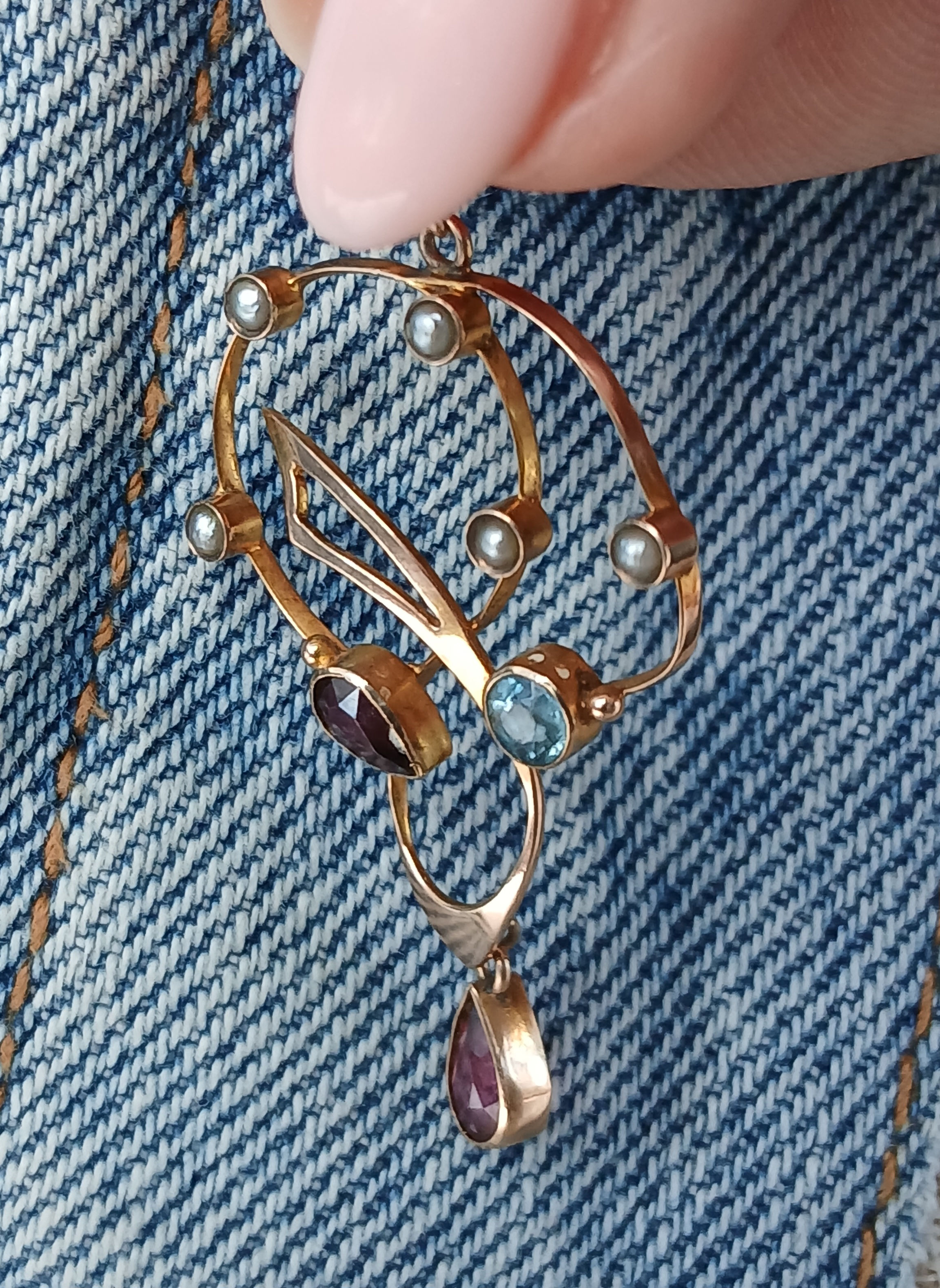 Antique 9ct Gold, Aquamarine,  Garnet, Tourmaline & Pearl Lavalier Pendant 