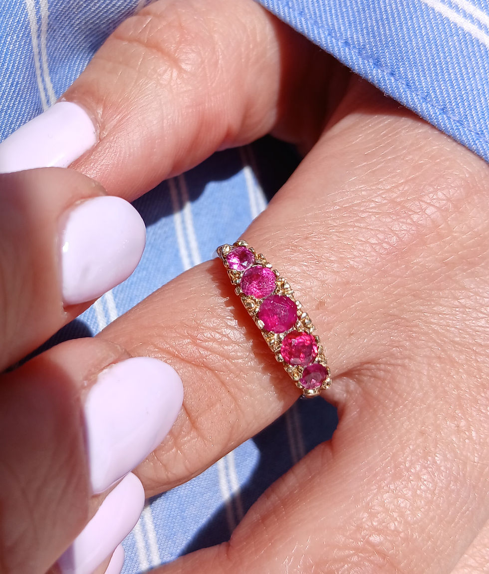 Thumbnail: Vintage 9ct Gold Ruby Five Stone Ring 1971