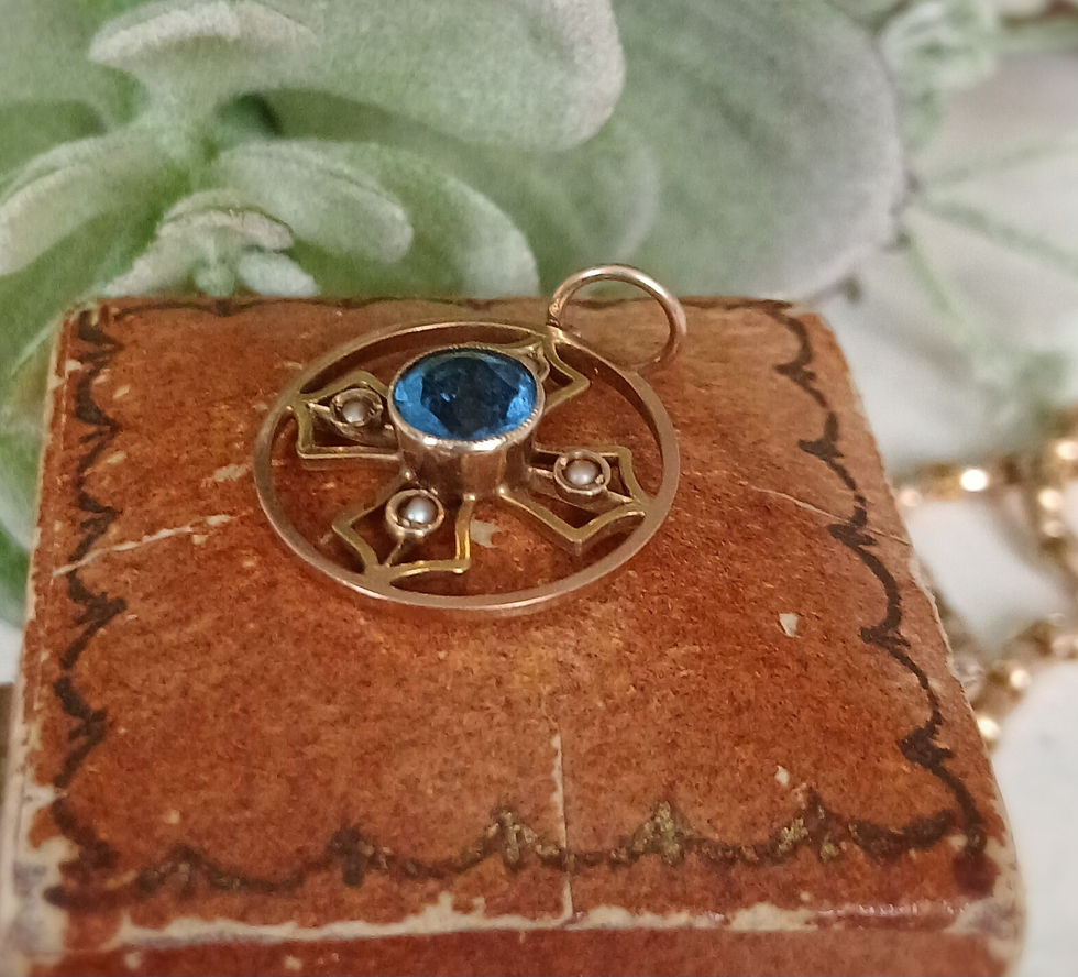 Thumbnail: Antique 9ct Gold, Sapphire Paste & Pearl Charm Pendant 