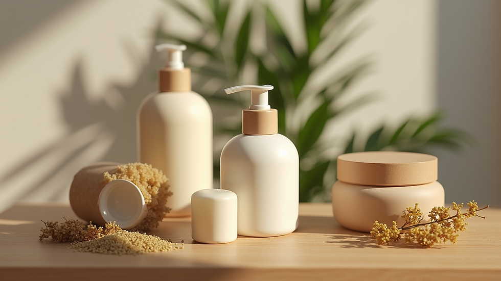 Close-up view of a variety of plant-based skincare products on a wooden surface