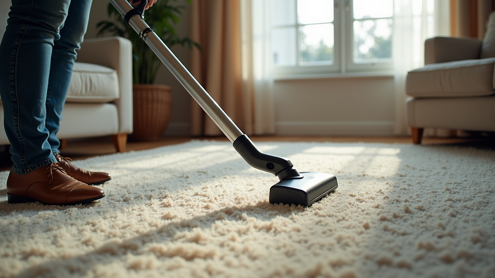 High angle view of a person vacuuming a living room carpet