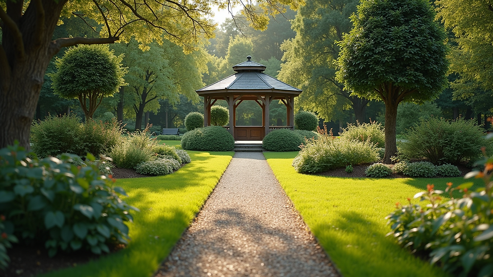 Wide angle view of a tranquil garden with a path leading to a gazebo