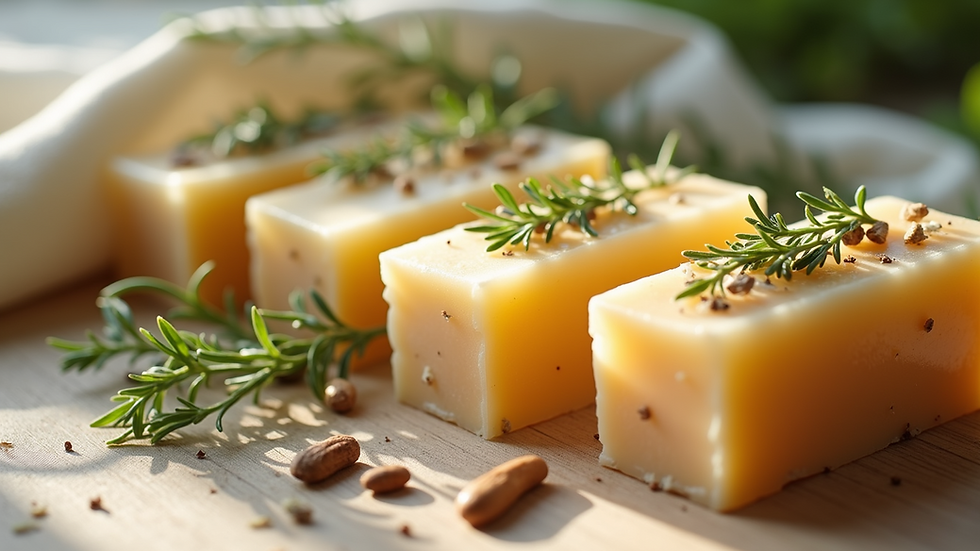 Close-up view of natural soap bars with herbs