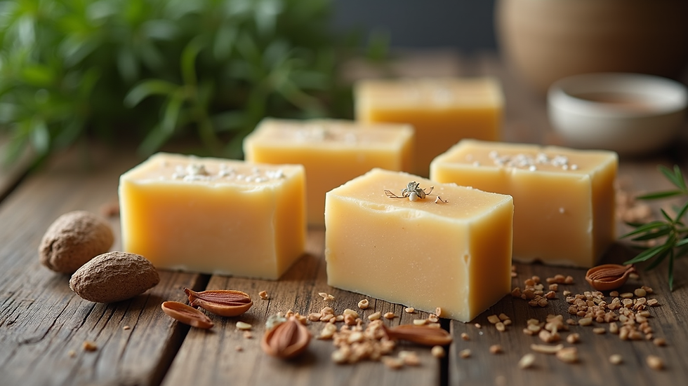Eye-level view of soap bars with natural ingredients on rustic table