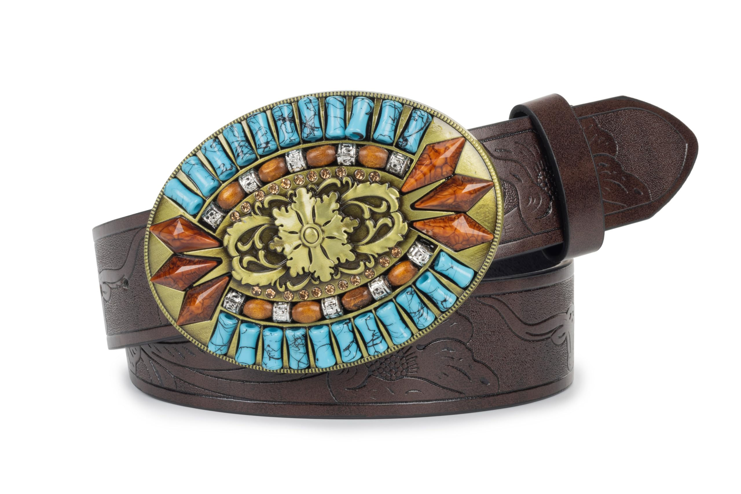 Western-Leather-Belts-Women Vintage Waist-Belts with Hollow Out Flower Bu