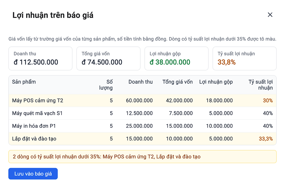 Giao diện Lợi nhuận trên báo giá dựng bằng SlyteUI