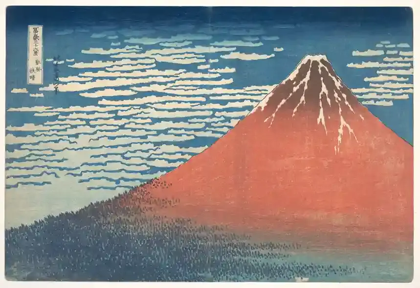 Hokusai japanischer Holzschnitt "Roter Fuji" aus der Serie 36 Ansichten des Berges Fuji, berühmter Ukiyo-e Farbholzschnitt