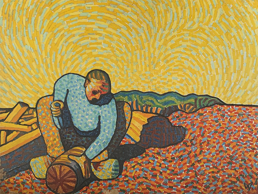 Wilhelm Morgner Ölbild Holzarbeiter expressionistische Farben leuchtende Sonne Feldarbeit