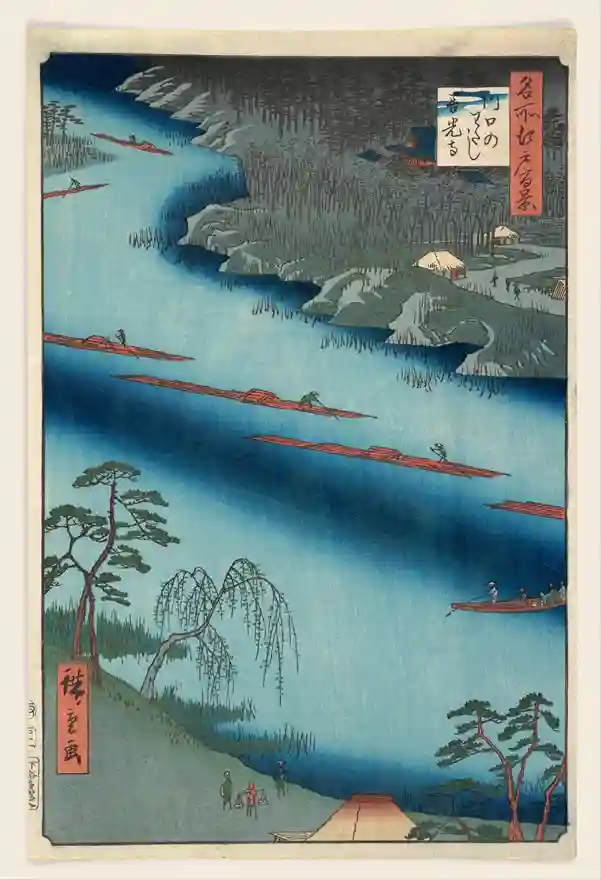 Hiroshige japanischer Holzschnitt einer Flusslandschaft mit roten Booten und Felsklippen, meisterhafte Ukiyo-e Naturdarstellung