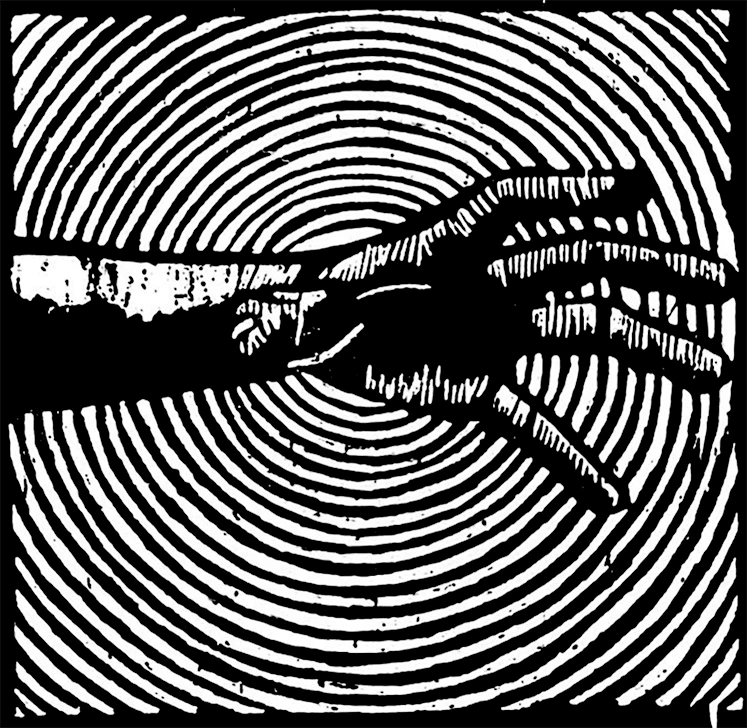 Holzschnitt einer greifenden menschlichen Hand mit hypnotischen Kreisen im Hintergrund