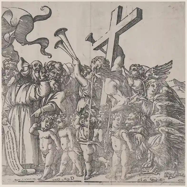 westlicher Holzschnitt in schwarz-weiß zeigt christliche religiöse Szene, europäische Renaissance-Druckgrafik