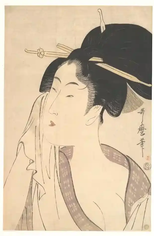 Utamaro Bijin-ga japanischer Holzschnitt zeigt elegantes Frauenporträt mit traditioneller Frisur und Kimono, Ukiyo-e Schönheitsdarstellung
