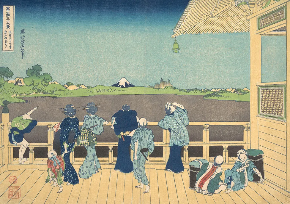 Hokusai "Sazai-Halle der 500 Rakan" aus "36 Ansichten des Fuji", japanischer Holzschnitt mit hohem Blickwinkel und Mount Fuji im Hintergrund