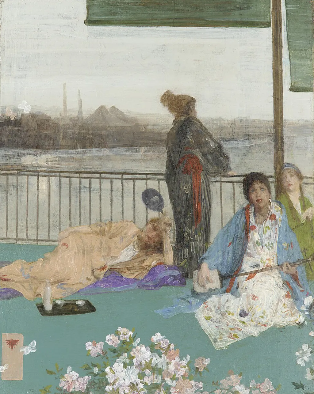 James McNeill Whistler "Variations in Flesh Colour and Green: The Balcony" mit japanisch beeinflusster asymmetrischer Komposition und Kimono-Motiven