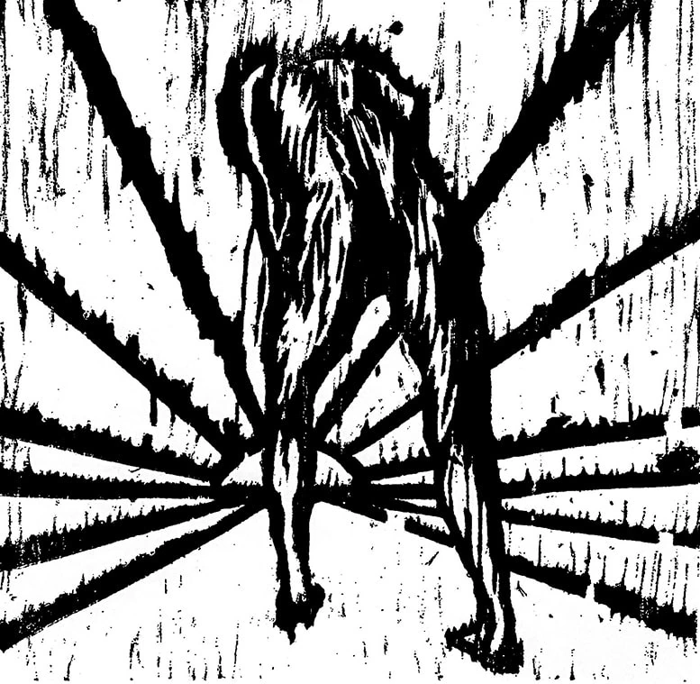 Druckgrafik einer männlichen Person, die sich zum Horizont hinbewegt