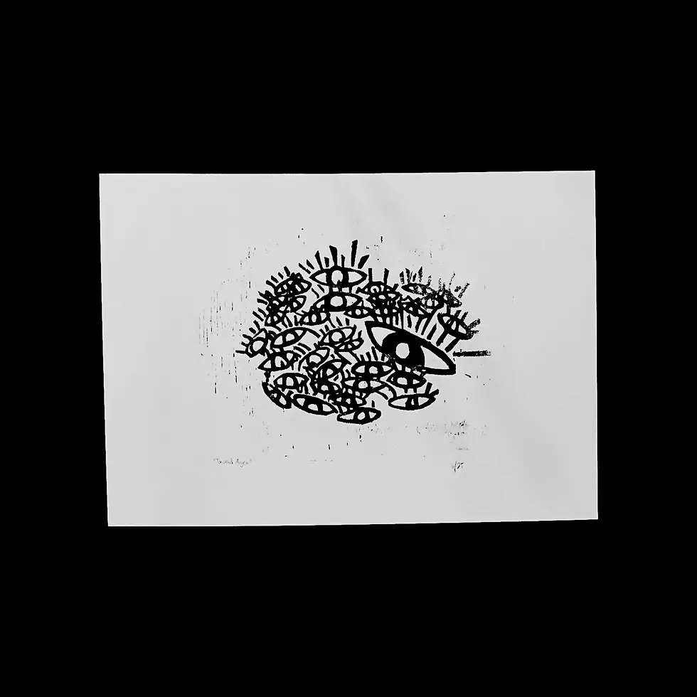 Handgedruckter Holzschnitt mit organischer Augen-Komposition und vielfachen Augen im Querformat auf weißem Papier