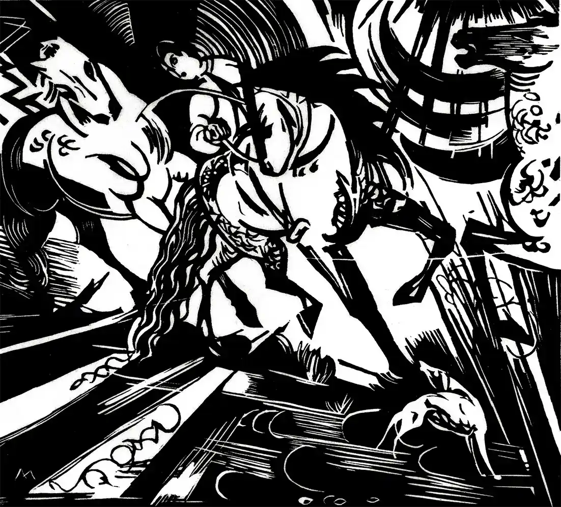 Expressionistischer Holzschnitt von Franz Marc, kraftvolle Schwarz-Weiß-Komposition mit dynamischen Linien