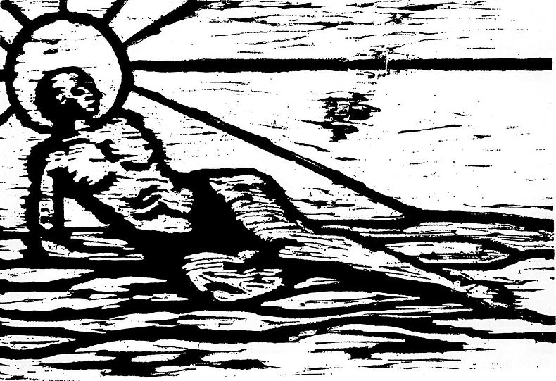 Holzschnitt Kunst einer liegenden Frau in Dünen mit Sonne im Hintergrund