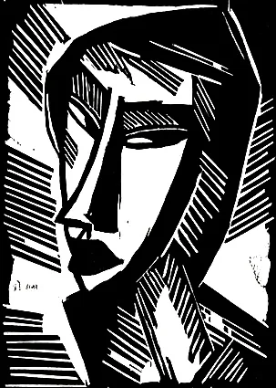 Moderner Porträt-Holzschnitt, zeitgenössische Druckgrafik mit geometrischen Formen und starken Kontrasten