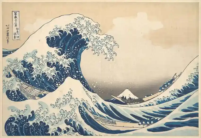 Hokusai "Die große Welle vor Kanagawa" berühmtester japanischer Holzschnitt mit Mount Fuji im Hintergrund, ikonisches Ukiyo-e Meisterwerk