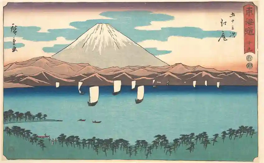 Hiroshige japanischer Holzschnitt des Mount Fuji mit weißen Segelschiffen auf der Edo-Bucht, klassische Ukiyo-e Landschaftsdarstellung