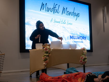 Andrea Joy Pearson playing her sound bowls at the collective community sound healing event "Mindful Mondays".