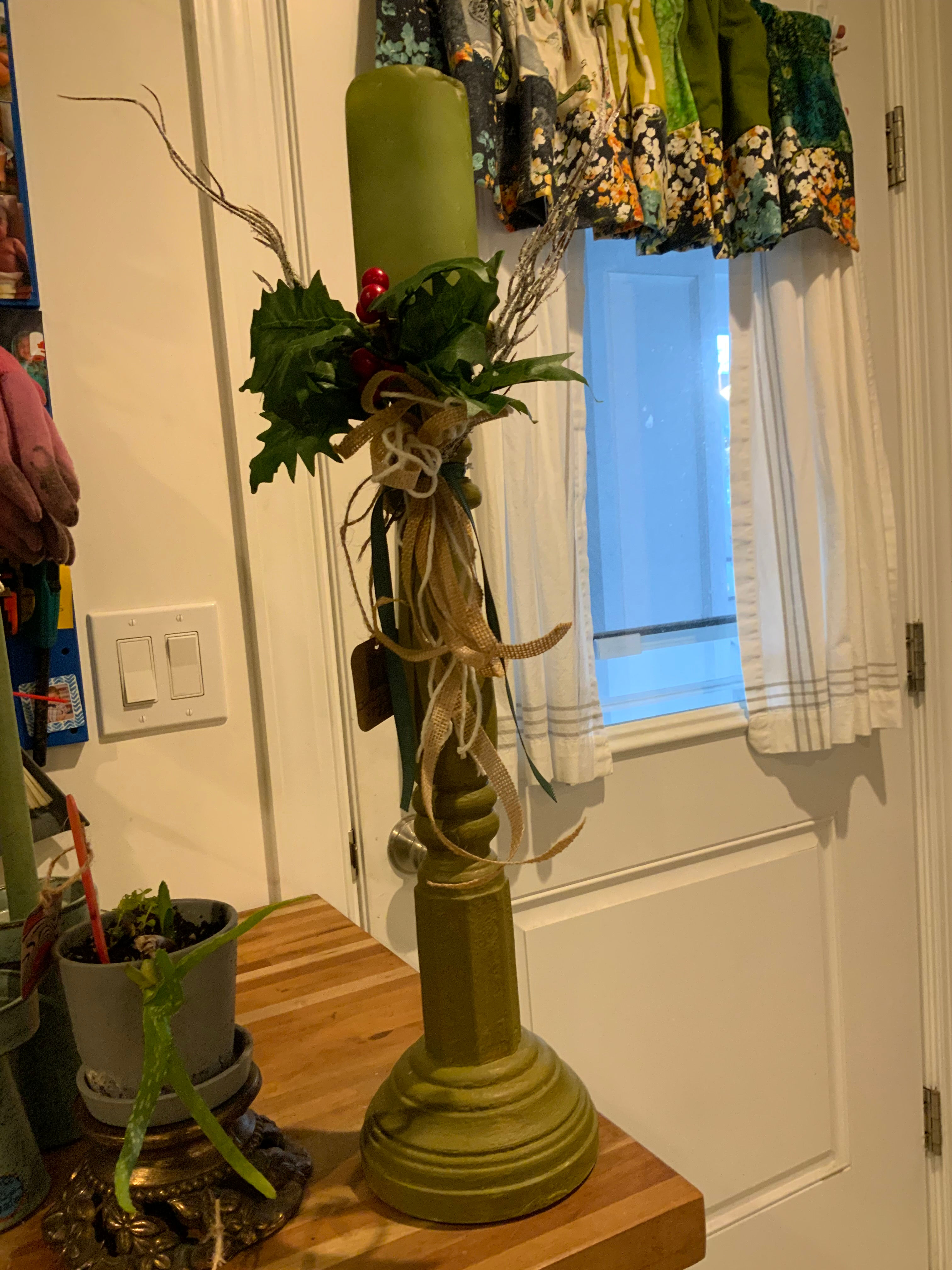 Large Wooden Vtg Green Candlestick